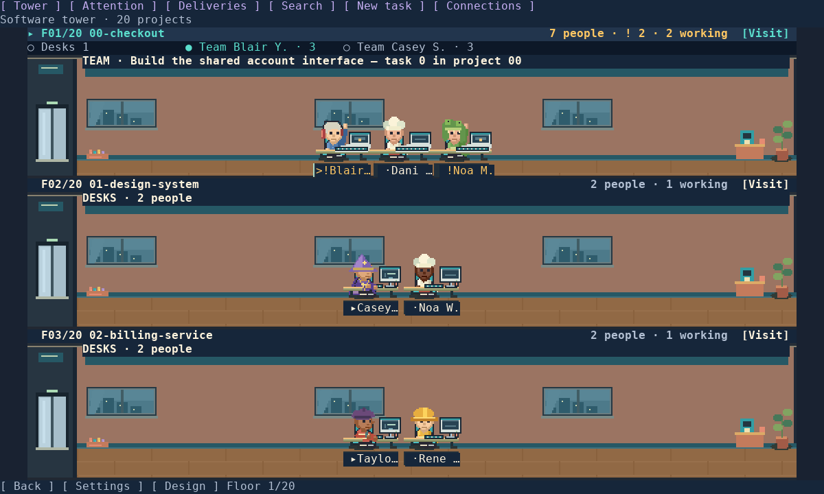 Demo office tower with three project floors, pixel-art workers, and attention counts